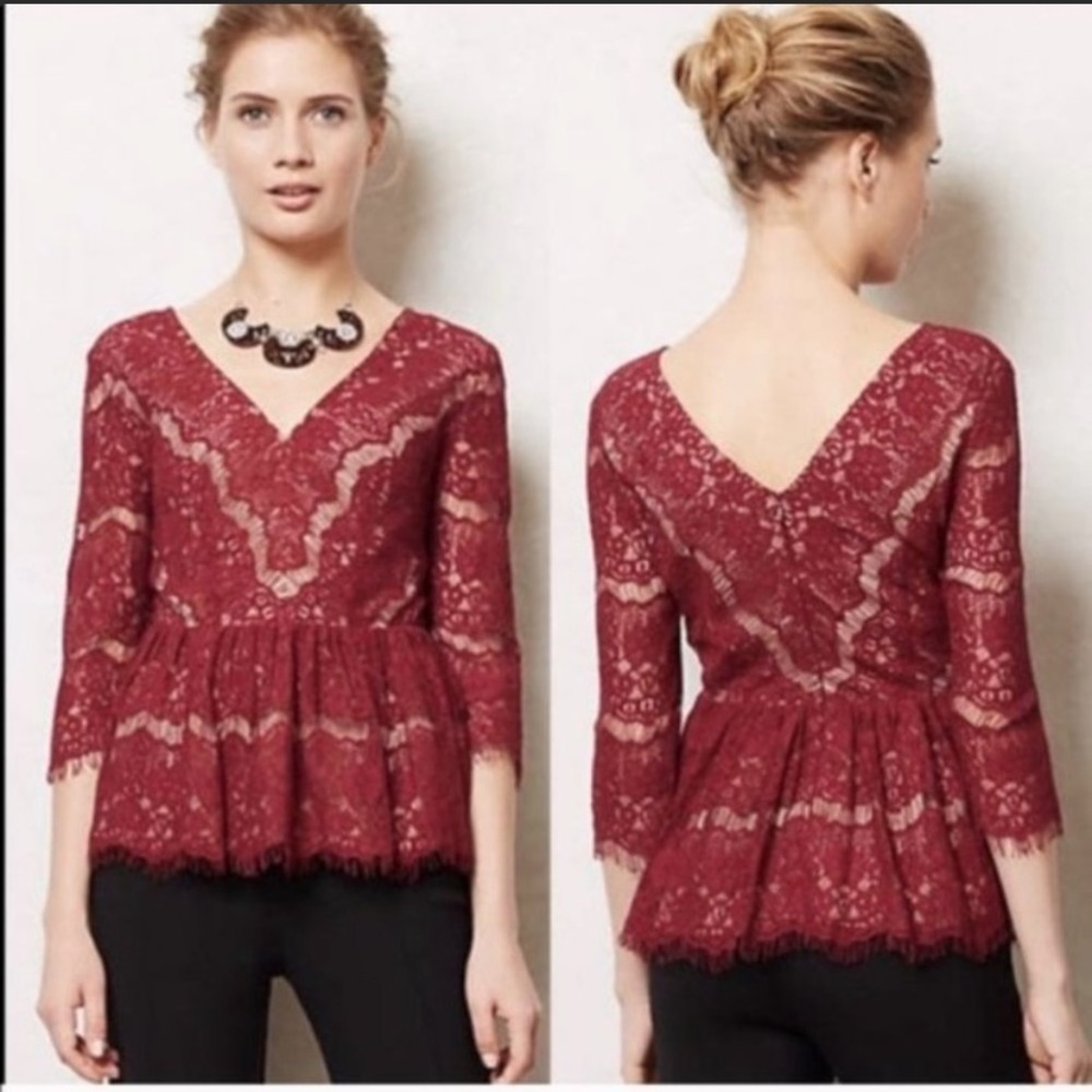MAEVE Anthropologie Lace Needle Wine Red Peplum Boudreaux V-Neck Top Size XS